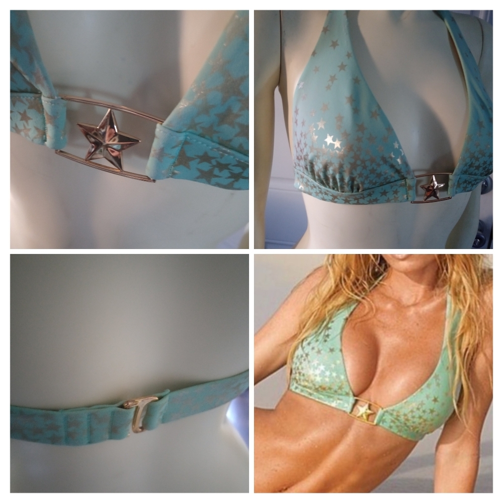 Victoria Secret Mint Green Gold Star Vintage Bikini Top Sz Medium
